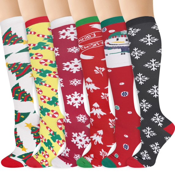 6 Pairs Christmas Compression Socks for Women & Men Circulation 15-20 mmHg - Better Blood Flow, Swelling , Best Support for Medical, Running, Nursing,Christmas Gifts for Nurses Travel Pregnancy