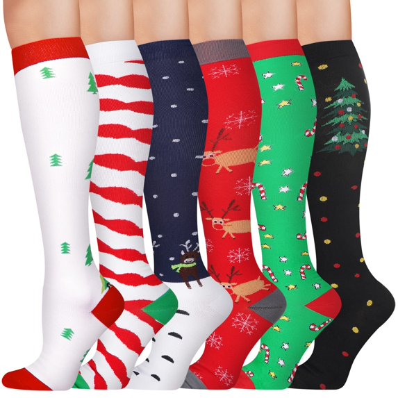 6 Pairs Christmas Compression Socks for Women & Men Circulation 15-20 mmHg - Better Blood Flow, Swelling , Best Support for Medical, Running, Nursing,Christmas Gifts for Nurses Travel Pregnancy