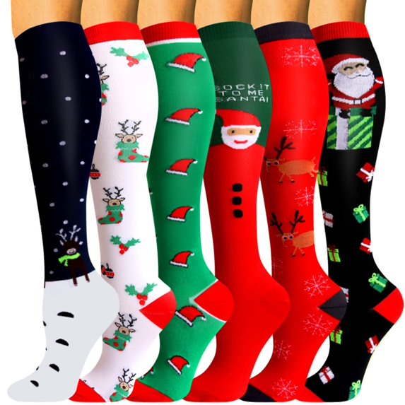 6 Pairs Christmas Copper Compression Socks for Women & Men Circulation 15-20 mmhg - Better Blood Flow, Swelling, Best Support for Medical, Running, Nursing