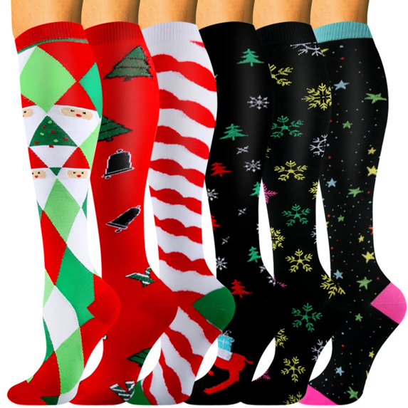 6 Pairs Christmas Copper Compression Socks for Women & Men Circulation 15-20 mmhg - Better Blood Flow, Swelling, Best Support for Medical, Running, Nursing