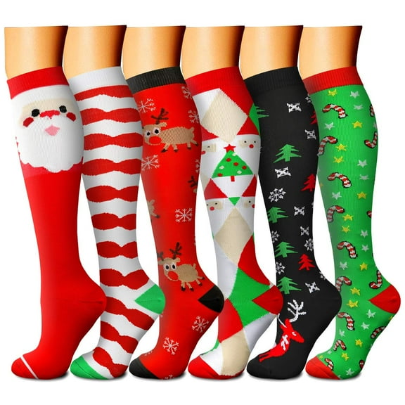 6 Pairs Christmas Medical Sport Compression Socks - 15-20mmhg Graduated Knee-High Support for Men & Women, Ideal for Soccer, Running, and Nurses