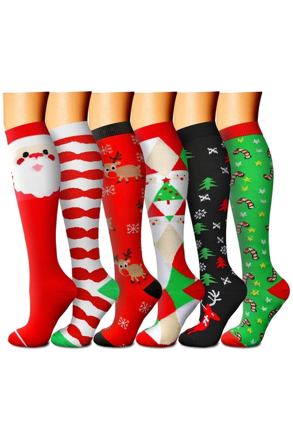 6 Pairs Christmas Medical Sport Compression Socks - 15-20mmhg Graduated Knee-High Support for Men & Women, Ideal for Soccer, Running, and Nurses