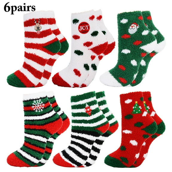 6 Pairs Christmas Socks Fuzzy Socks for Women Winter Warm Soft Non Skid Slipper Socks Cozy Socks Crew Socks Christmas Gift
