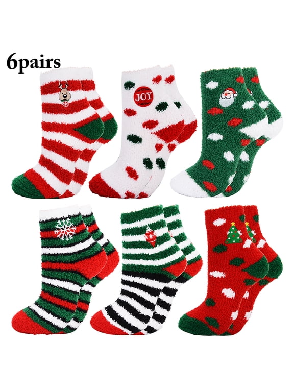 6 Pairs Christmas Socks Fuzzy Socks for Women Winter Warm Soft Non Skid Slipper Socks Cozy Socks Crew Socks Christmas Gift