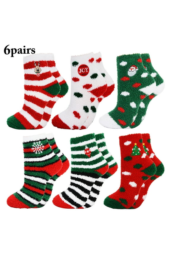 6 Pairs Christmas Socks Fuzzy Socks for Women Winter Warm Soft Non Skid Slipper Socks Cozy Socks Crew Socks Christmas Gift