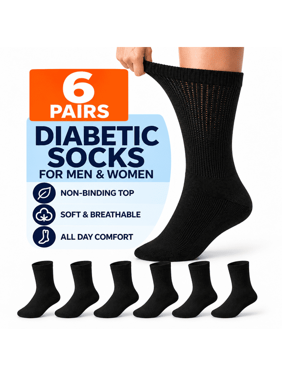 6 Pairs Circulatory Non-Binding Cushioned Socks, Designed for diabetics and those suffering with circulation issues