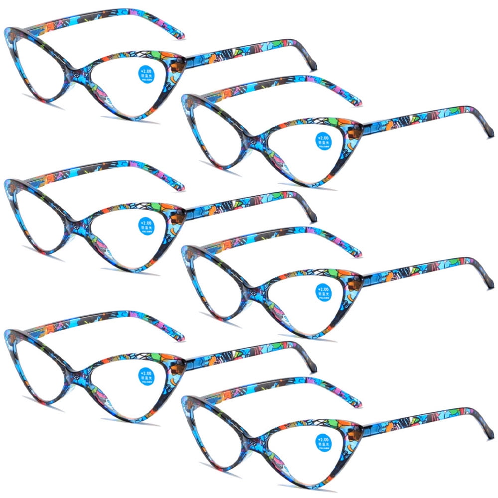 6 Pairs of Classic Cat Eye Reading Glasses for Women Blue Light Blocking Retro Readers, Ladies Plastic Spring Hinge Blue Print Presbyopia Glasses +1.00