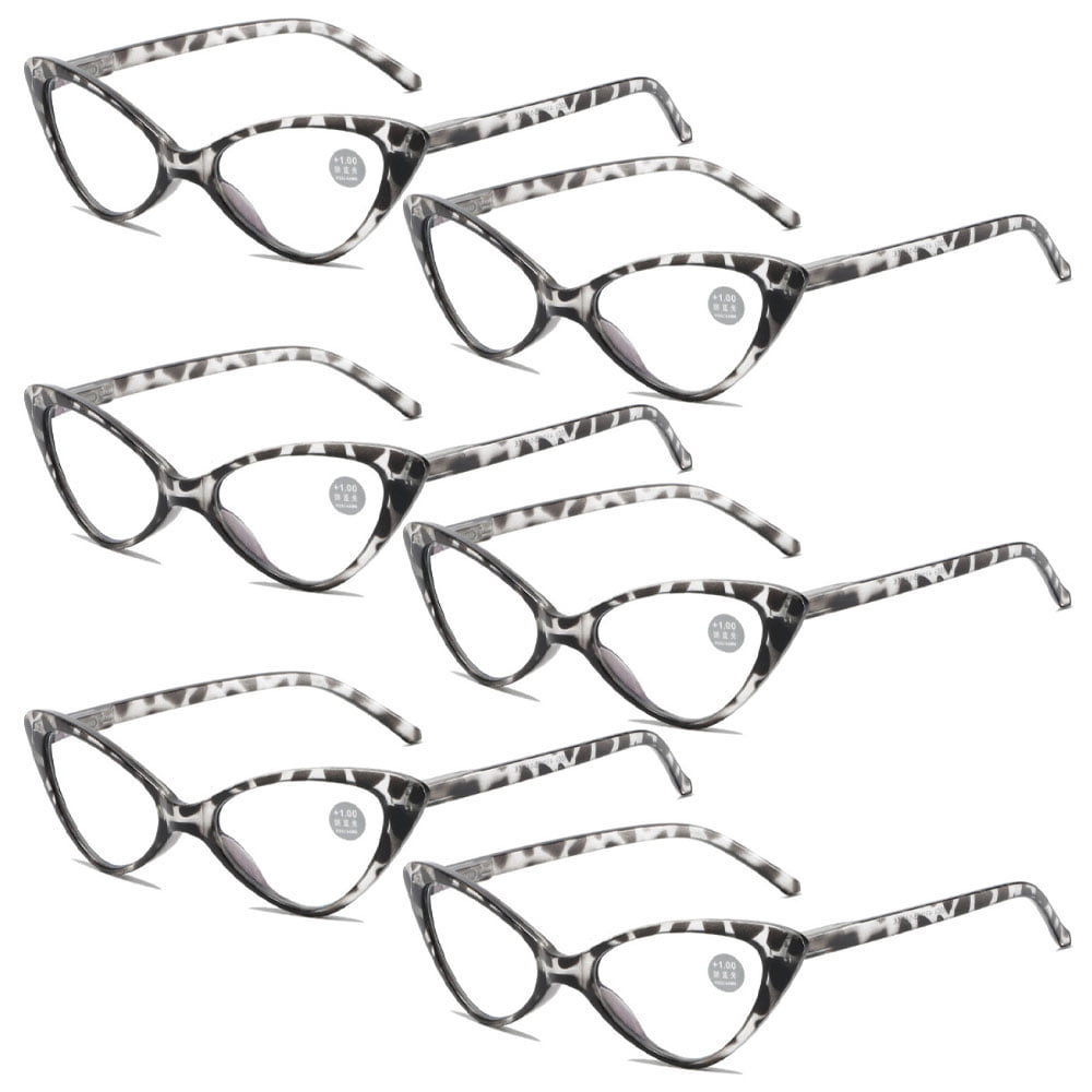 6 Pairs of Classic Cat Eye Reading Glasses for Women Blue Light Blocking Retro Readers, Ladies Plastic Spring Hinge Gray Tortoiseshell Presbyopia Glasses +1.50