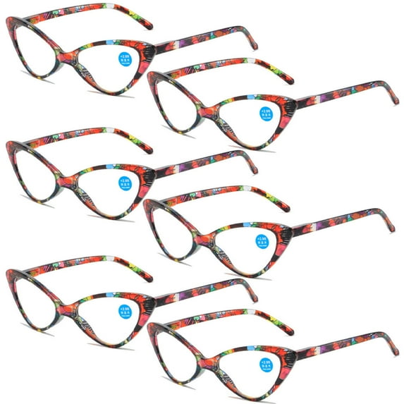 6 Pairs of Classic Cat Eye Reading Glasses for Women Blue Light Blocking Retro Readers, Ladies Plastic Spring Hinge Red Print Presbyopia Glasses +1.50
