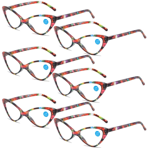 6 Pairs of Classic Cat Eye Reading Glasses for Women Blue Light Blocking Retro Readers, Ladies Plastic Spring Hinge Red Print Presbyopia Glasses +3.50