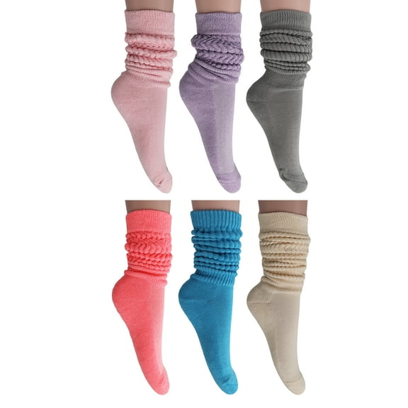 6 Pairs Colorful Heavy Slouch Knee Socks for Women Shoe Size 5-10 - (Pink-Lilac-Gray-Neon Pink-Turquoise-Ecru)