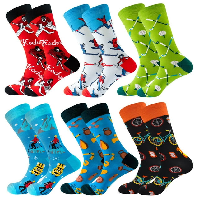 6 Pairs Colorful Novelty Crew Socks Soft Cotton Funny Patterned Casual Crazy Dress Socks for Men