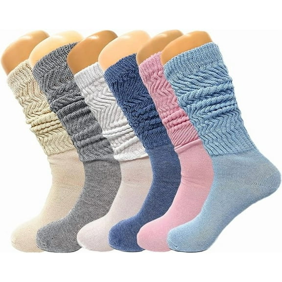 6 Pairs Colorful Slouch Knee High Socks with Thin Sole Shoe Size 5 to 10 (Ecru - Gray - White - Captains Blue - Pink - Light Blue)