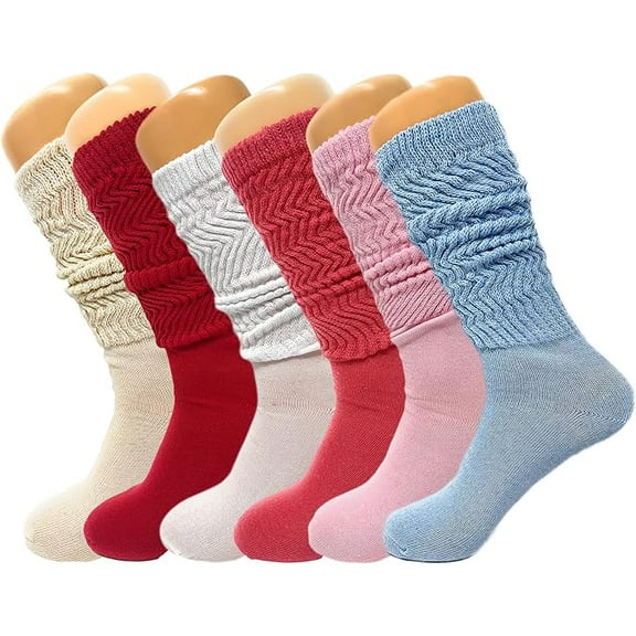 6 Pairs Colorful Slouch Knee High Socks with Thin Sole Shoe Size 5 to 10 (Ecru - Red - White - Flower - Pink - Light Blue)