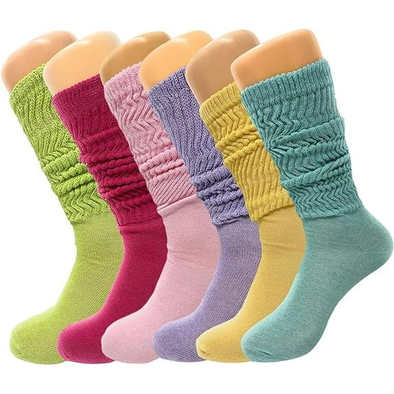 6 Pairs Colorful Slouch Knee High Socks with Thin Sole Shoe Size 5 to 10 (Lemon Green - Fuchsia - Pink - Lavender - Limone - Aqua Green)