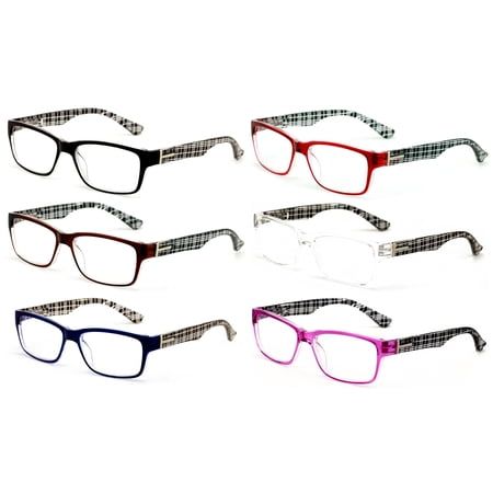 6 Pairs Comfortable Modern Rectangular Lightweight Reading Glasses - Clear Lens Reader Plaid Stripe Men Women 7017 +2.25