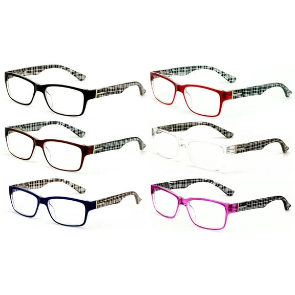 6 Pairs Comfortable Modern Rectangular Lightweight Reading Glasses - Clear Lens Reader Plaid Stripe Men Women 7017 +2.25