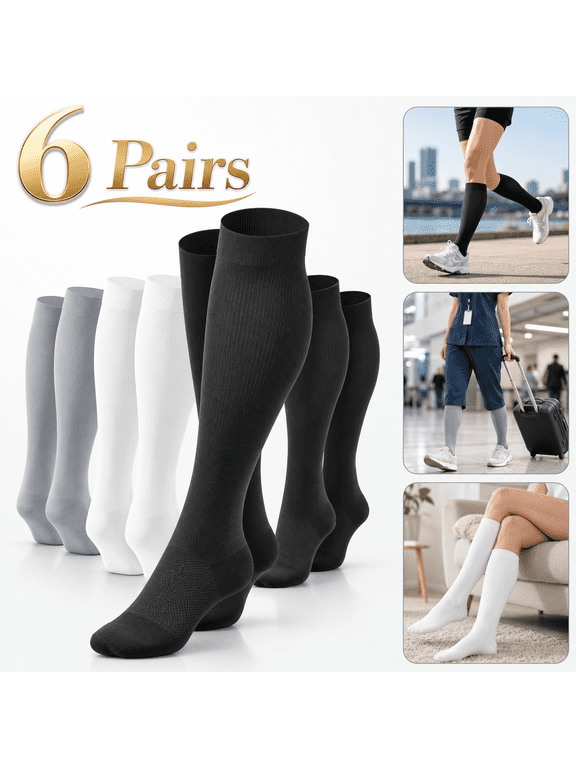 6 Pairs Compression Sock-Compression Sock For Women and Men Circulation -Best for Running,Nursing,Athletic Sports (Black/Gray/White)