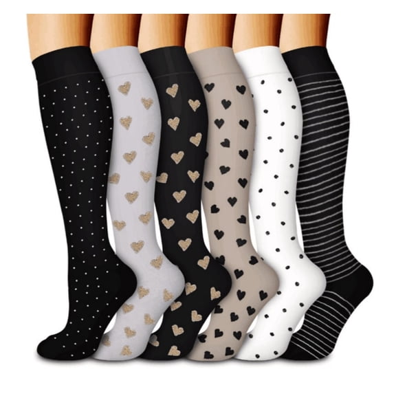 6 Pairs Compression Socks, 20-30 mmHg Knee High Compression Socks, Nylon Unisex Compreeion Sport Sock for Running, Nursing, Athletic Hiking(S/M), Combination A