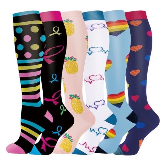 6 Pairs Compression Socks Printed Design Colorful Knee High Socks for Sports Running ,Nursing,Ridding Stockings