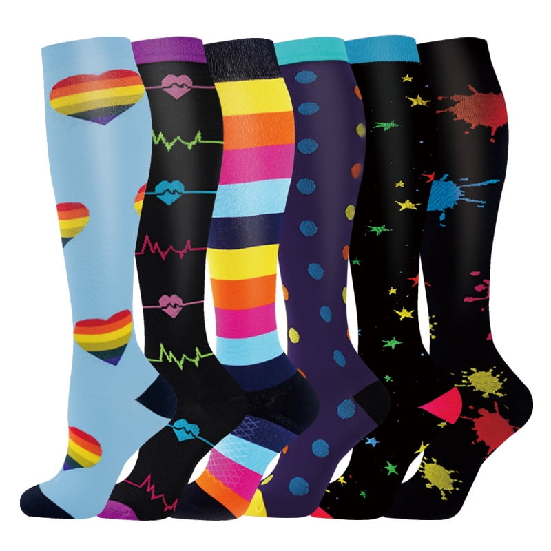6 Pairs Compression Socks Printed Design Colorful Knee High Socks for ...