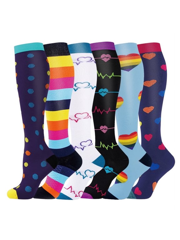 6 Pairs Compression Socks Printed Design Colorful Knee High Socks for Sports Running ,Nursing,Ridding Stockings