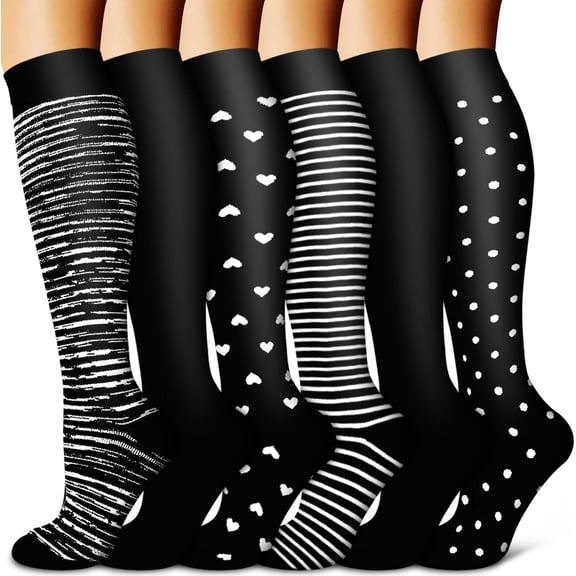 6 Pairs Compression Socks for Women and Men, 15-20 mmHg Knee High Support Socks for Flying, Travel, Athletic Running & Cycling, Energizing Leg Circulation Gifts