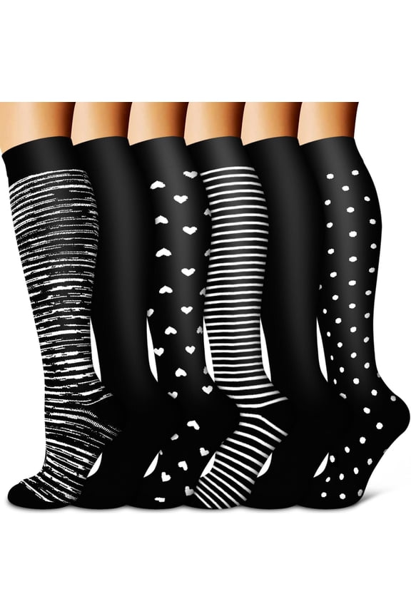 6 Pairs Compression Socks for Women and Men, 15-20 mmHg Knee High Support Socks for Flying, Travel, Athletic Running & Cycling, Energizing Leg Circulation Gifts