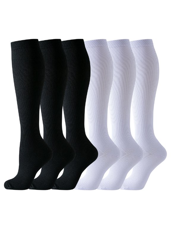 6 Pairs Compression Socks for Women & Men, Breathable Lightweight Knee High Sports Compression Socks for Flying, Running, Cycling, Athletic, Travel and Everyday Wear (L/XL, Black+White)