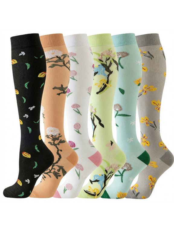 6 Pairs Compression Socks for Women & Men, Breathable Lightweight Knee High Sports Compression Socks for Flying, Running, Cycling, Athletic, Travel and Everyday Wear (S/M)