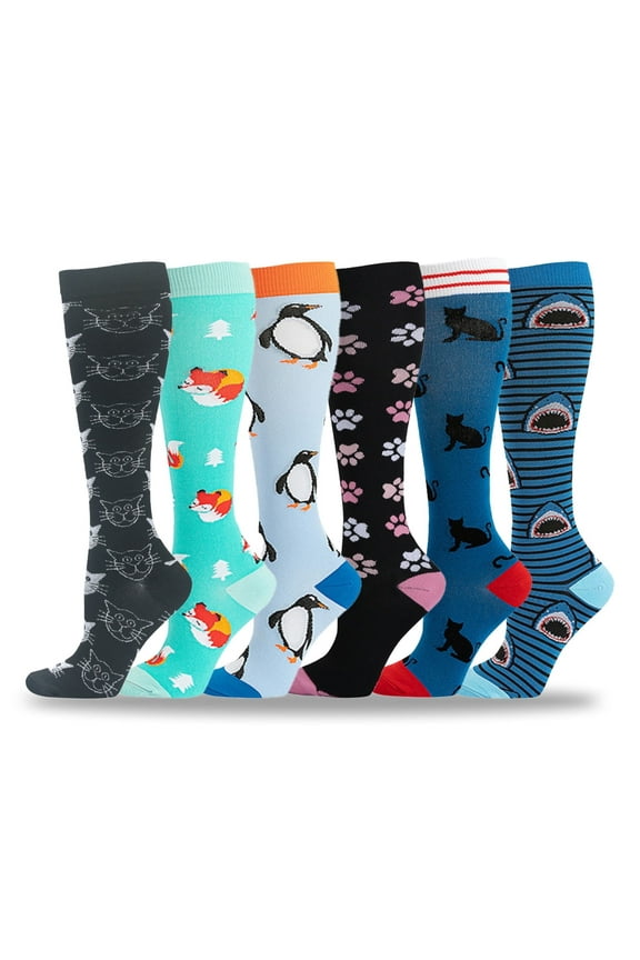 6 Pairs Compression Socks for Women Circulation 20-30mmHg Crazy, Cute, Socks Support for Nurse, Pregnant, Running, Cycling (L-XL)