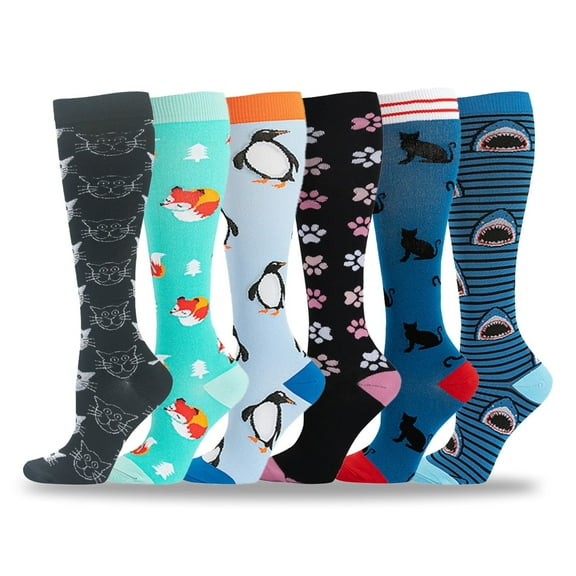 6 Pairs Compression Socks for Women Circulation 20-30mmHg Crazy, Cute, Socks Support for Nurse, Pregnant, Running, Cycling (L-XL)