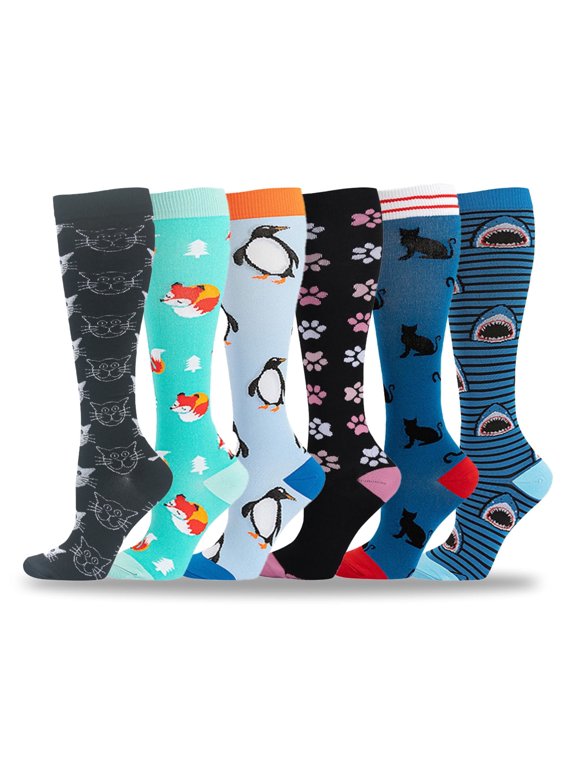 6 Pairs Compression Socks for Women Circulation 20-30mmHg Crazy, Cute, Socks Support for Nurse, Pregnant, Running, Cycling (L-XL)