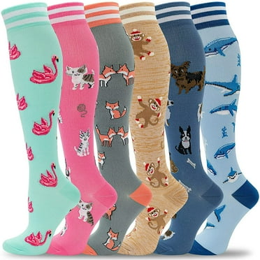 6 Pairs Compression Socks for Women Circulation 20-30mmHg Crazy, Cute, Socks Support for Nurse, Pregnant, Running, Cycling (L-XL)