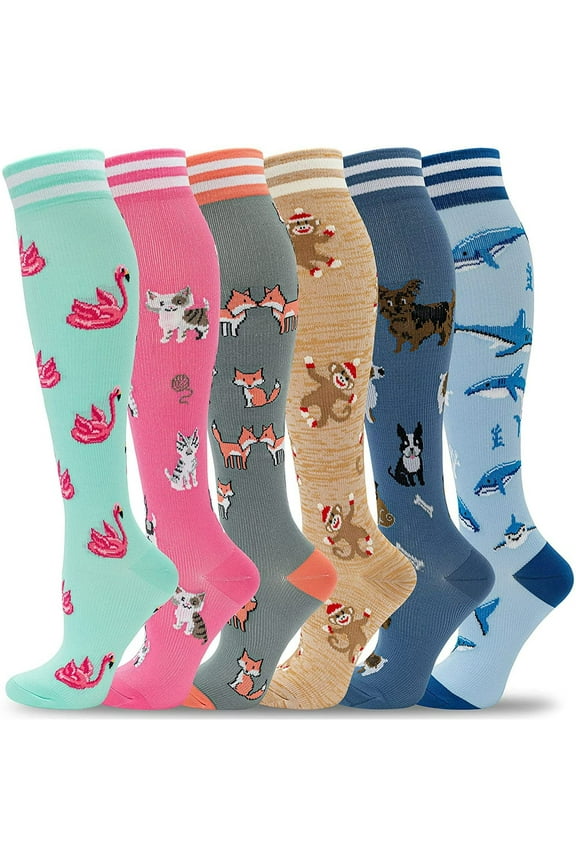 6 Pairs Compression Socks for Women Circulation 20-30mmHg Crazy, Cute, Socks Support for Nurse, Pregnant, Running, Cycling (L-XL)