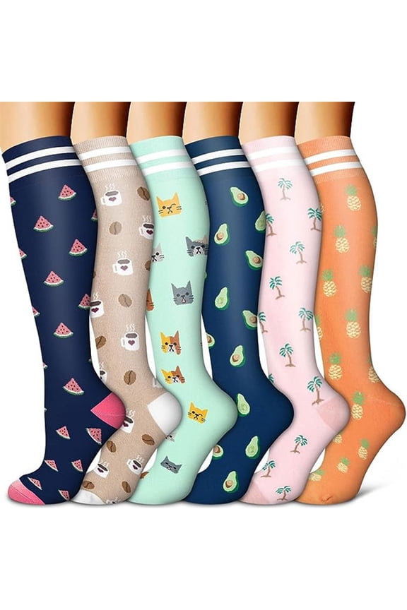 6 Pairs Compression Socks for Women Circulation 20-30mmHg Crazy, Cute, Socks Support for Nurse, Pregnant, Running, Cycling