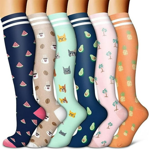 6 Pairs Compression Socks for Women Circulation 20-30mmHg Crazy, Cute, Socks Support for Nurse, Pregnant, Running, Cycling