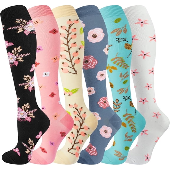 6 Pairs Compression Socks for Women & Men Circulation-Support Knee High Socks for Running,Travel,L/XL