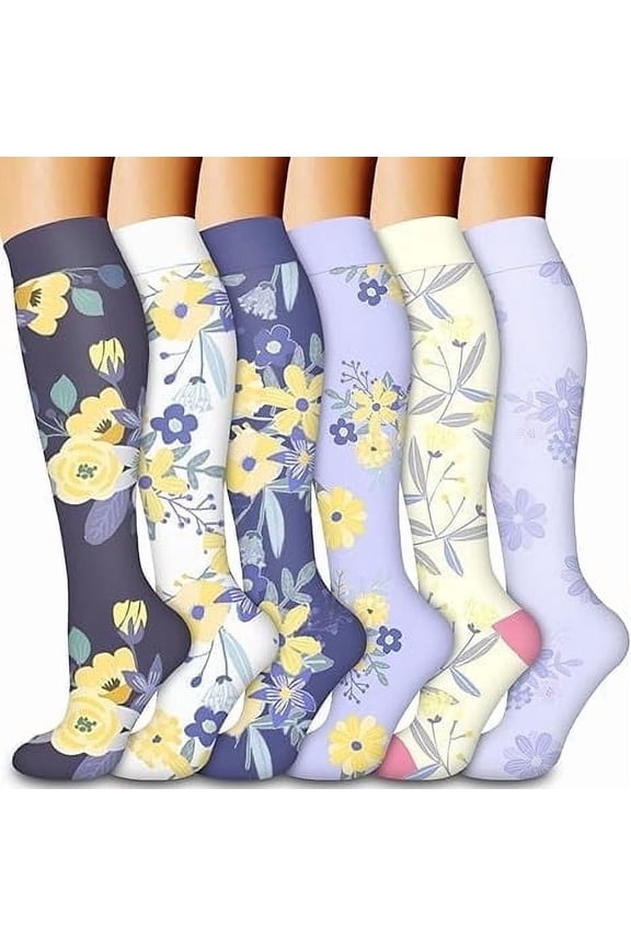 6 Pairs Compression Socks for Women & Men Circulation-Support Knee High Socks for Running,Travel,L/XL