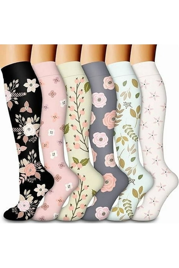 6 Pairs Compression Socks for Women & Men Circulation-Support Knee High Socks for Running,Travel,L/XL