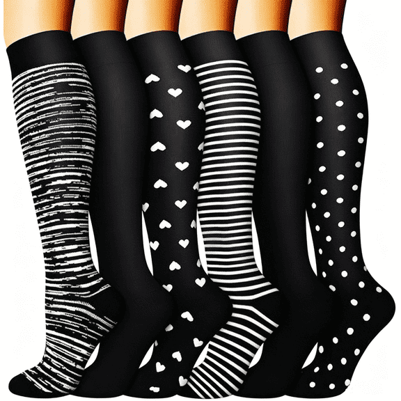 6 Pairs Compression Socks for Women and Men, Support for Running, Cycling ,Hiking , Athletic, Travel, Nurses,S/M