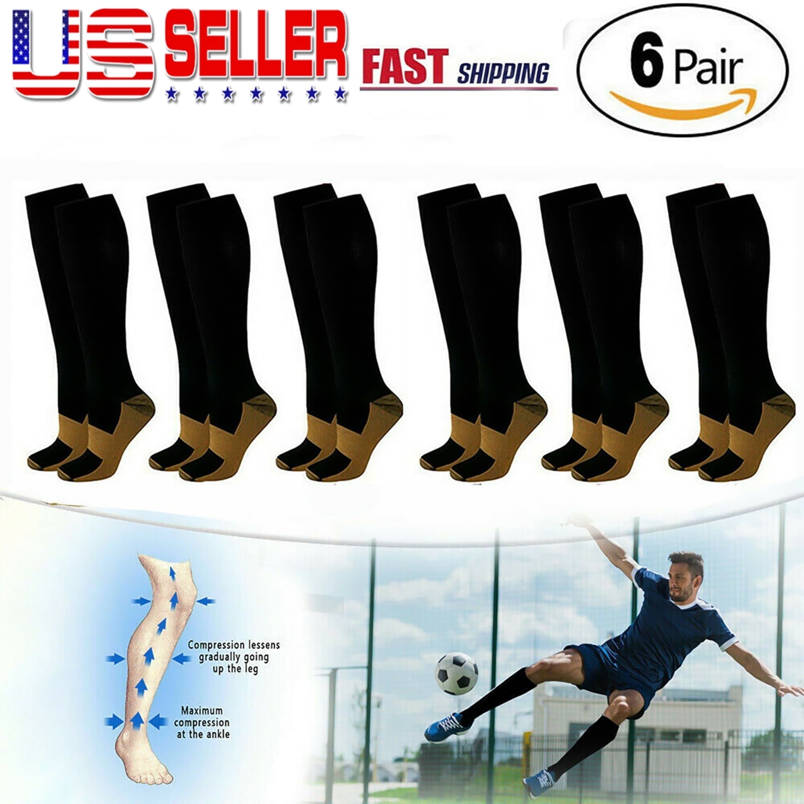 CURUK 6 Pairs Copper Compression Socks 20-30mmHg Graduated Knee High Socks S/M