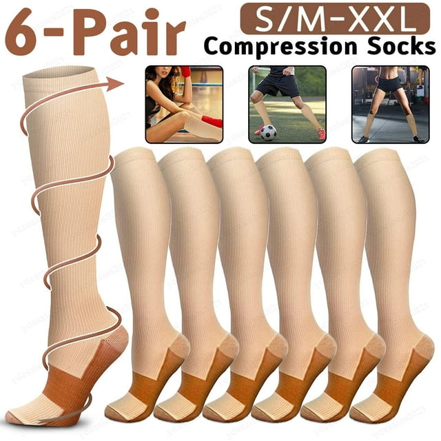 6 Pairs Compression Socks 20-30mmHg Graduated Support Mens Womens Knee High Gym Stocking, Beige, M/L