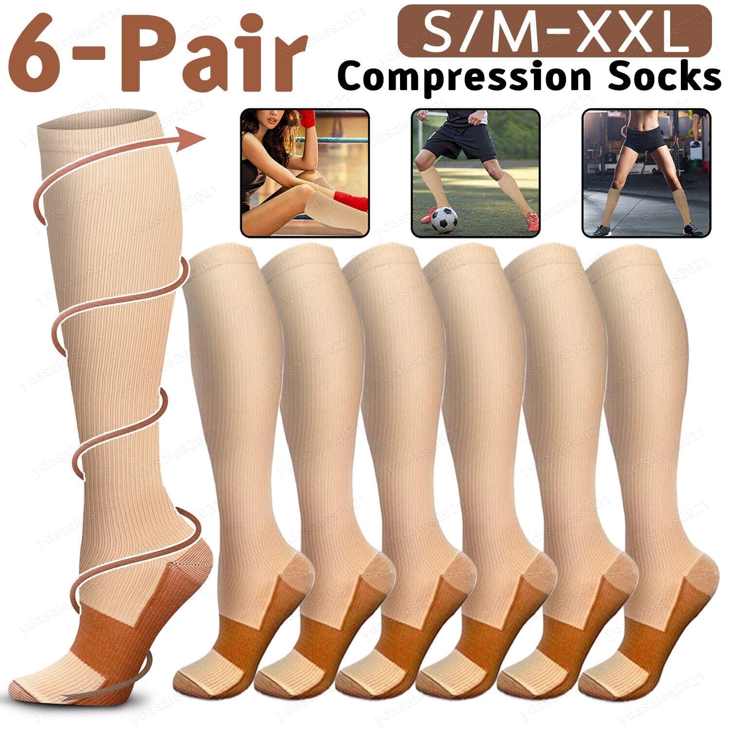 6 Pairs Socks 20-30mmHg Graduated Support Mens Womens Knee High Gym ...
