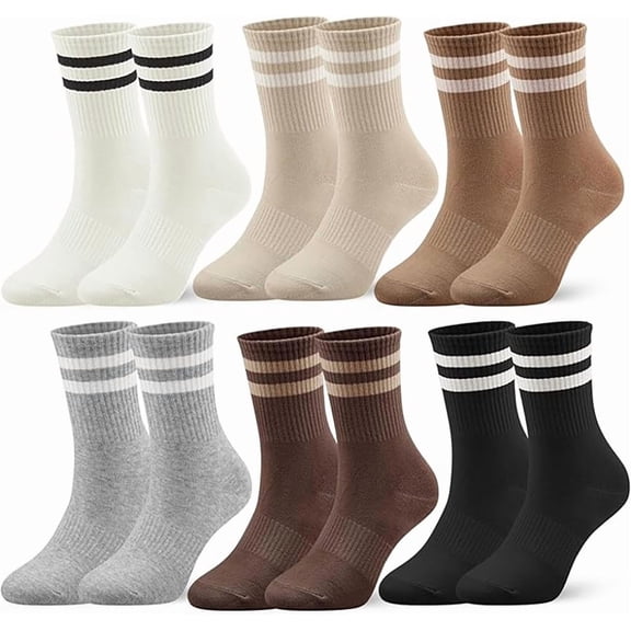 6 Pairs Cozy Crew Socks, Women's Striped Cute Casual with Seamless Toe for Office School Home