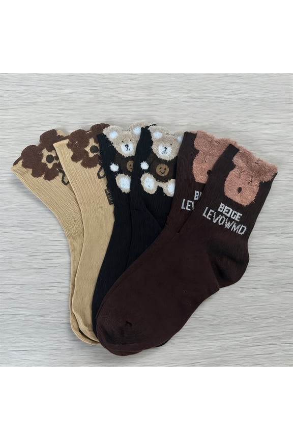 6 Pairs Cozy Cute Cartoon Bear Mid-Tube Socks - Fall/Winter Polyester Woven Striped Socks for Women, Comfortable Hand Wash Only Stockings