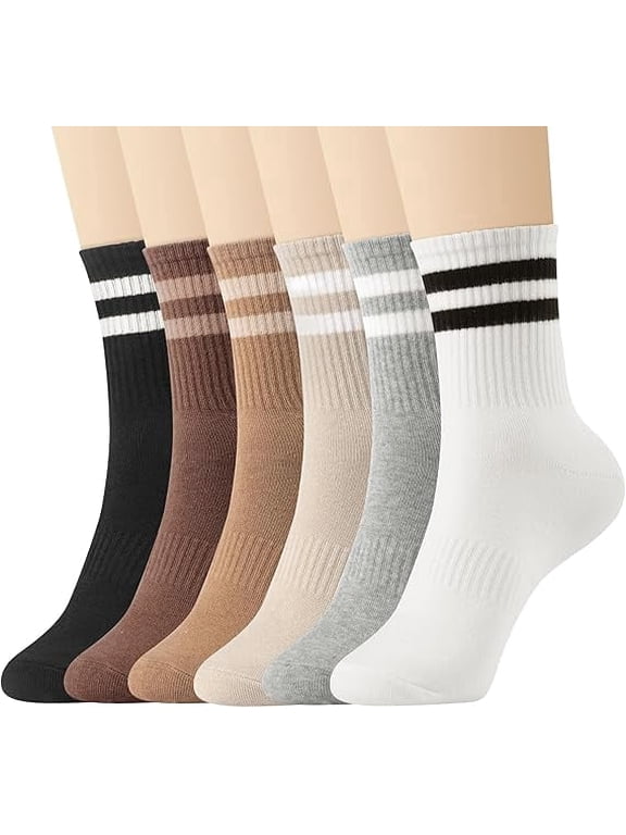 6 Pairs Crew Socks for Women Striped Cotton Causal Arch Support Soft Breathable Socks 5-10