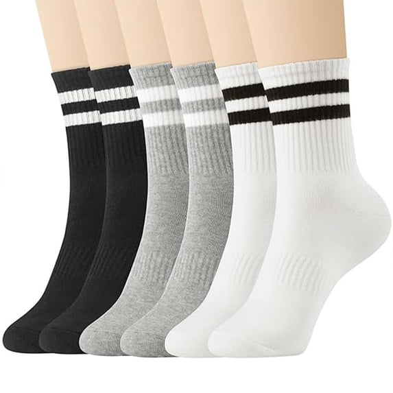 6 Pairs Crew Socks for Women Striped Cotton Causal Arch Support Soft Breathable Socks 5-10