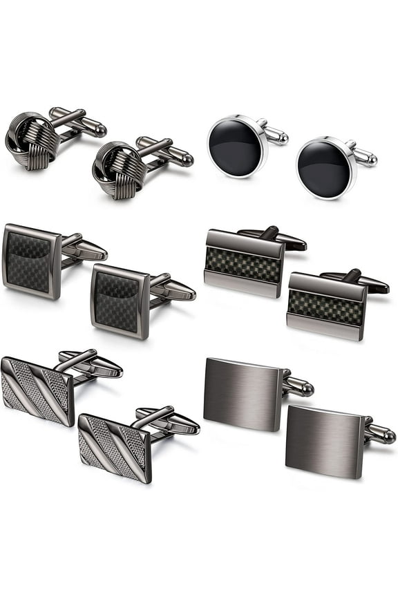 6 Pairs Cufflinks for Men Classic Cuff Links Mens Cufflinks Tuxedo Shirt Cufflinks for Wedding Groom Business Silver Black Cufflinks Set Father's Gift