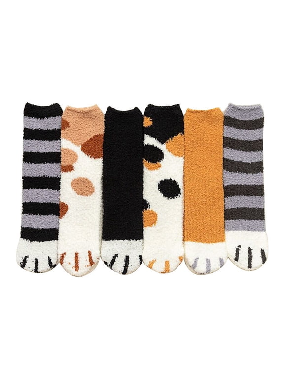 6 Pairs Cute Cat Paw Socks Women Fuzzy Socks Soft Fluffy Slipper Socks Sleeping Warm Socks Christmas Gift for Girls